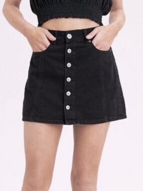 American Eagle Black Denim Button Front Mini Skirt A-Line Size 6